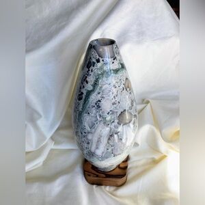 H9.50” Short Globe / Cone Shape Polished Multi-Marble Vase W/ Cryptomeria 1”Base